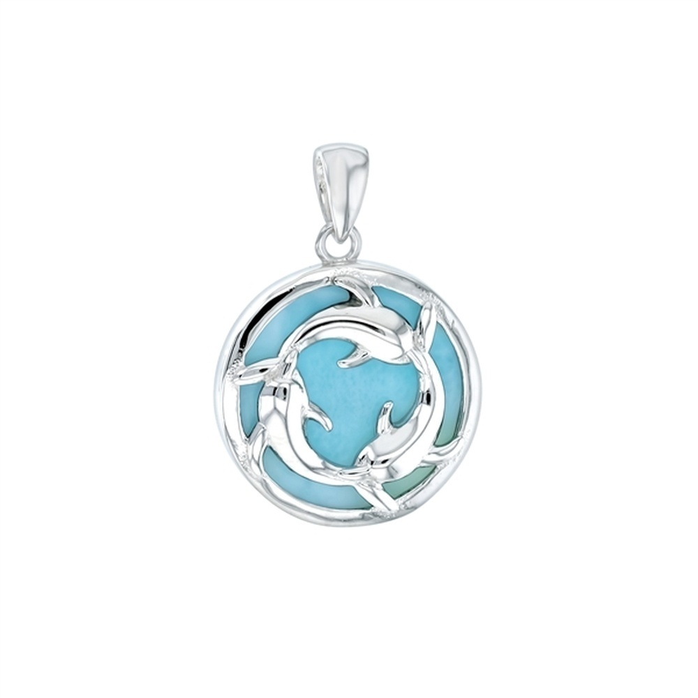 925 Sterling  Silver Larimar Dolphins Circling in Circle Pendant  4.5 gm